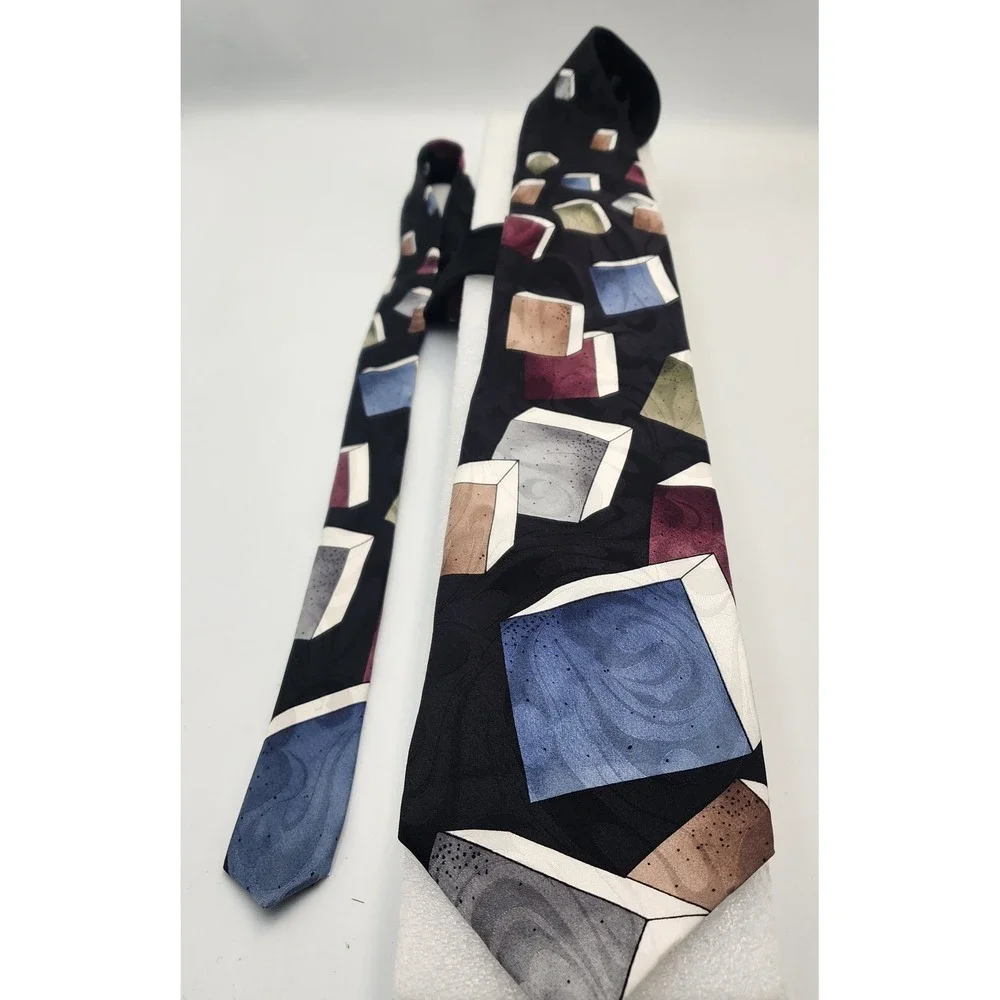 Alexander Lloyd Geometric Cube Pattern‎ Black Silk Imported Men's Necktie